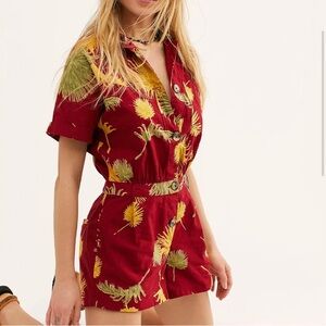 Free People Maroon Malibu Romper - XS - Tropical Button Up